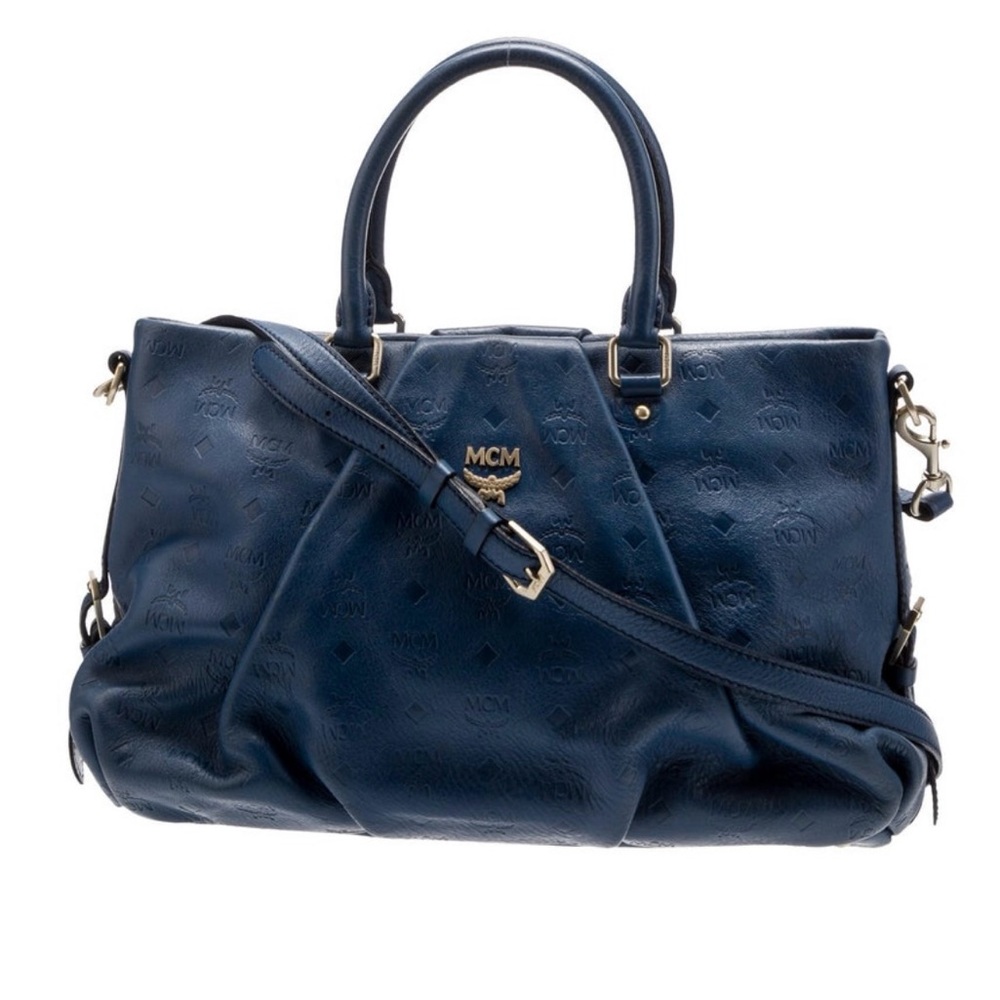 MCM Embossed Blue Leather Bag with original crossbody strap